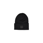 Black beanie with a square patch on the front, likely made of wool or acrylic.