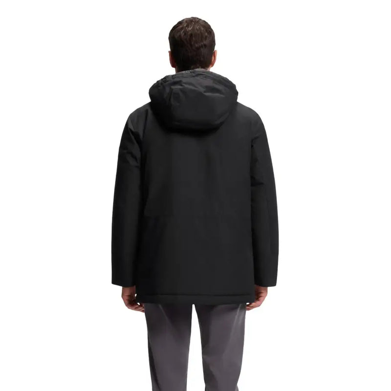 Black hooded jacket with a sleek design and water-resistant material.