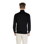 Black zip-up sweater with ribbed cuffs and hem, likely made of cotton or polyester blend.
