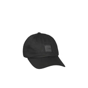 Black baseball cap with square logo patch, nylon material.