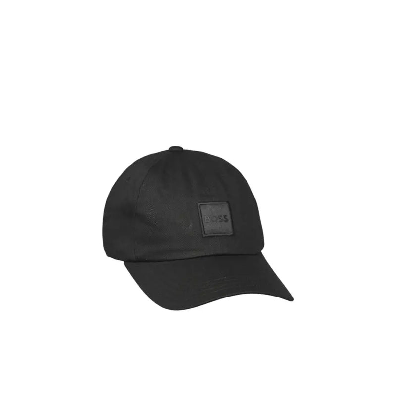 Black baseball cap with square logo patch, nylon material.