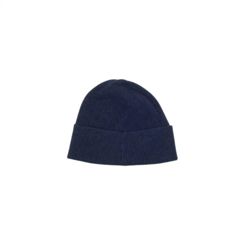 Navy blue ribbed knit beanie with fold-over cuff and logo on front.