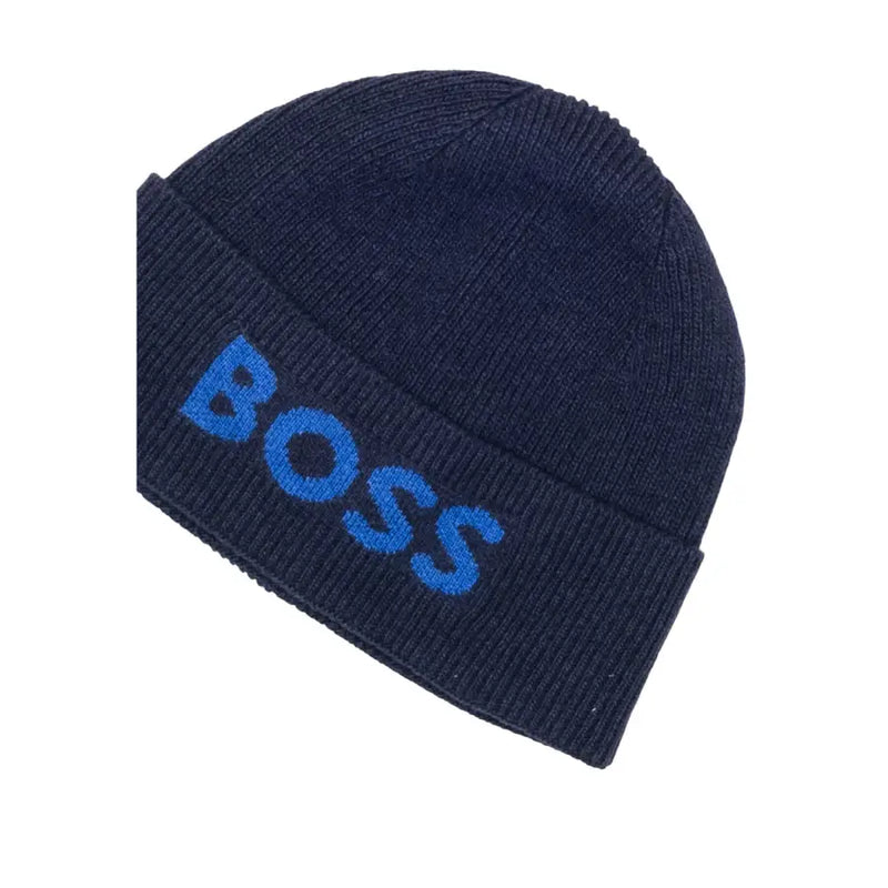 Hugo boss navy blue beanie with embroidered logo.