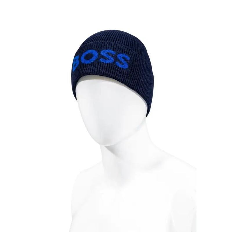 Navy blue knitted Boss Blue printed wool blend cap for men with bold blue boss logo embroidered on front