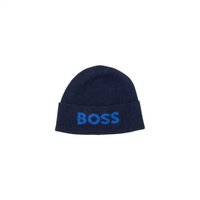 Dark blue knitted wool blend beanie for men with boss embroidered in bright blue on the folded brim