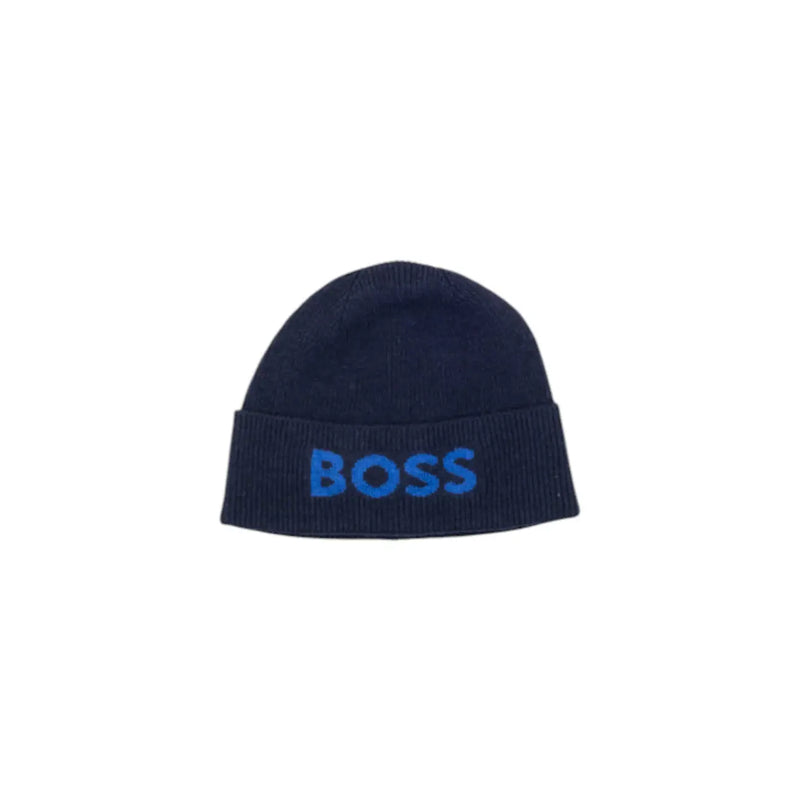 Dark blue knitted wool blend beanie for men with boss embroidered in bright blue on the folded brim