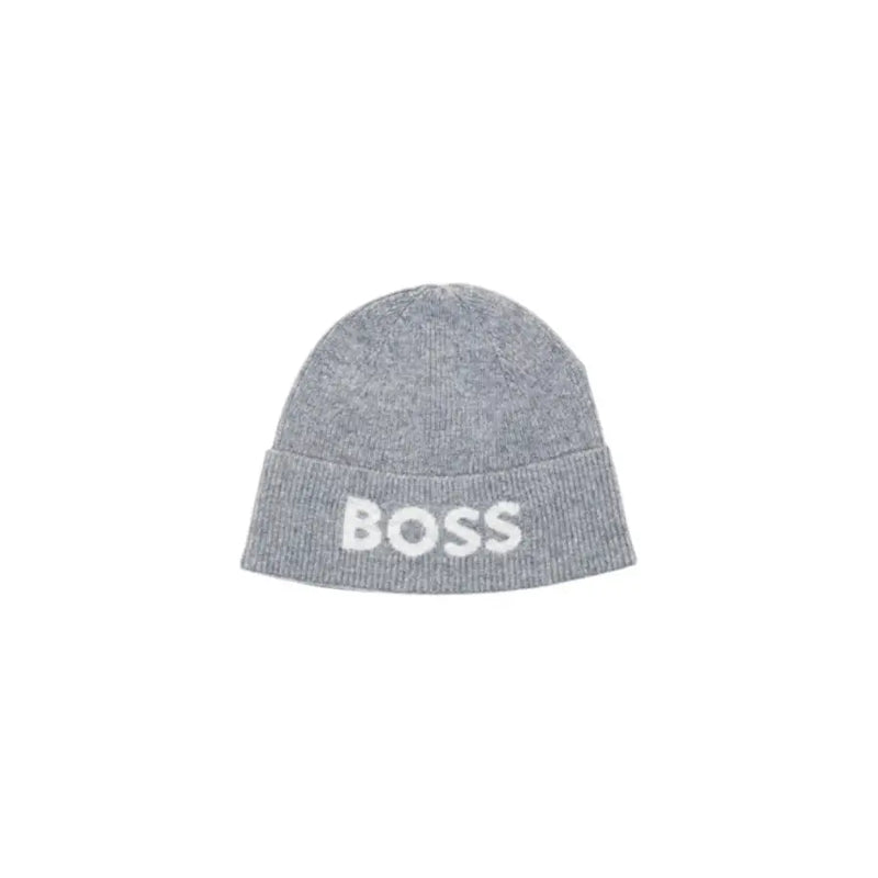 Grey boss beanie with white logo.