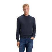 Pull en cachemire Boss pour homme, bleu marine côtelé, avec logo carré sur la poitrine, vue de face