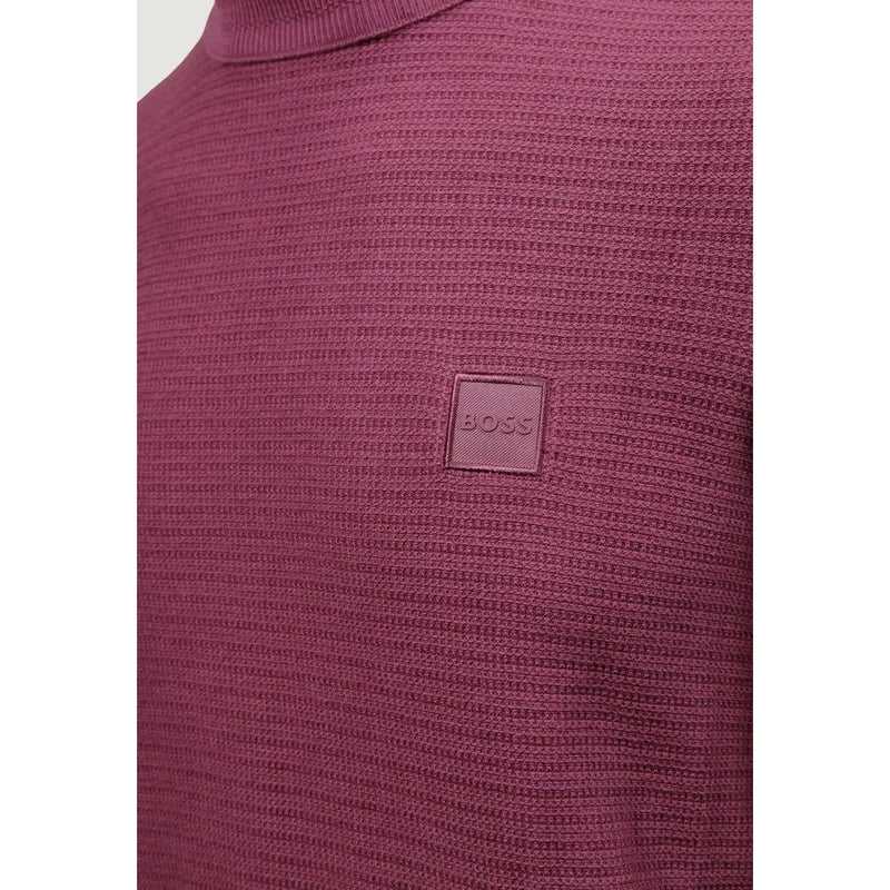 Pull Boss en cachemire pour homme, couleur bordeaux, maille gaufrée à motif texturé et écusson logo sur la poitrine, vue de face