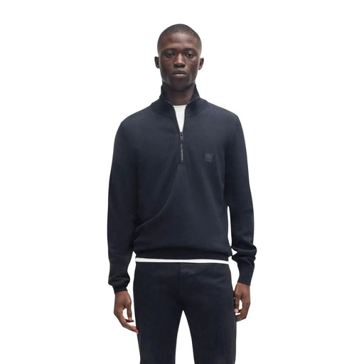 Pull en cachemire Boss Kanobix pour homme, bleu marine foncé, demi-zip et poignets côtelés, vue de face