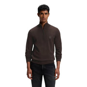 Pull en cachemire Boss Kanobix pour homme, marron foncé, demi-zip et logo carré, vue de face