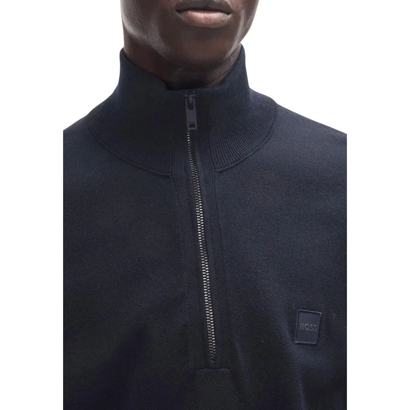 Pull en cachemire noir pour homme Kanobix, modèle Boss, col côtelé et petit logo carré, vue de face