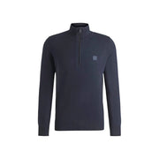 Pull en cachemire Boss Kanobix pour homme, bleu marine foncé, avec demi-zip et écusson logo sur la poitrine gauche, vue de face