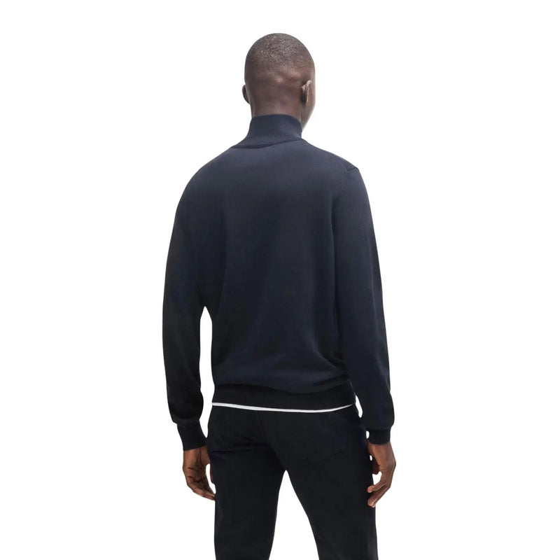 Pull en cachemire Boss Kanobix pour homme, bleu marine foncé, col montant et bordure blanche à la taille, vue de face