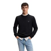 Pull en cachemire Boss Kanovano pour homme, noir avec logo carré gris foncé sur la poitrine gauche, vue de face