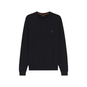 Pull en cachemire noir pour homme, modèle Boss de Kanovano, orné d'un logo carré discret et d'une bordure orange au col (vue de face).