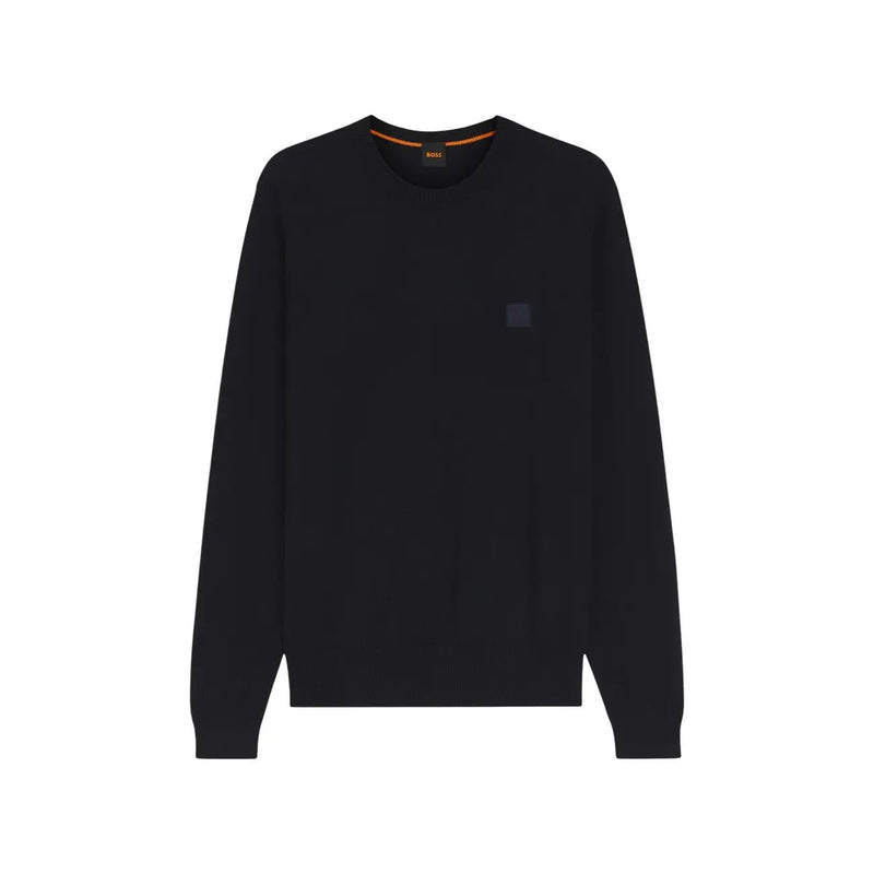 Pull en cachemire noir pour homme, modèle Boss de Kanovano, orné d'un logo carré discret et d'une bordure orange au col (vue de face).