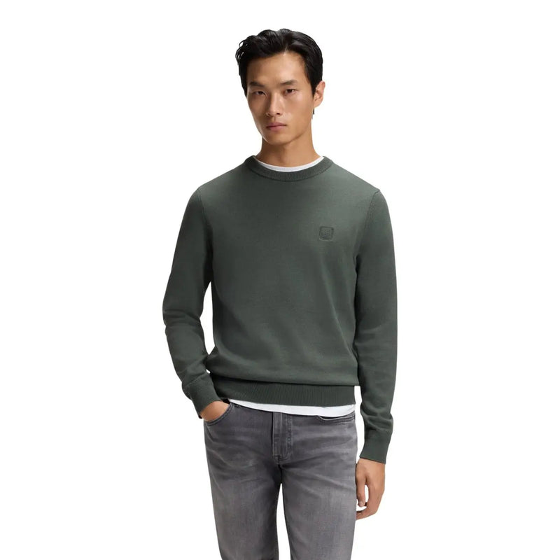 Pull en cachemire Boss Kanovano pour homme, vert olive foncé, avec logo brodé sur la poitrine, vue de face