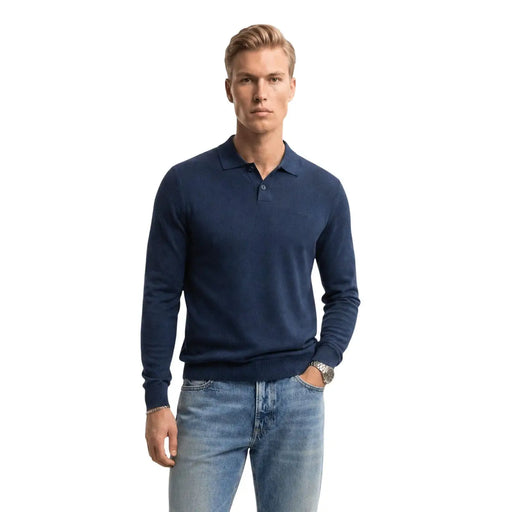 Polo en maille de coton Boss pour homme, bleu marine, manches longues, vue de face