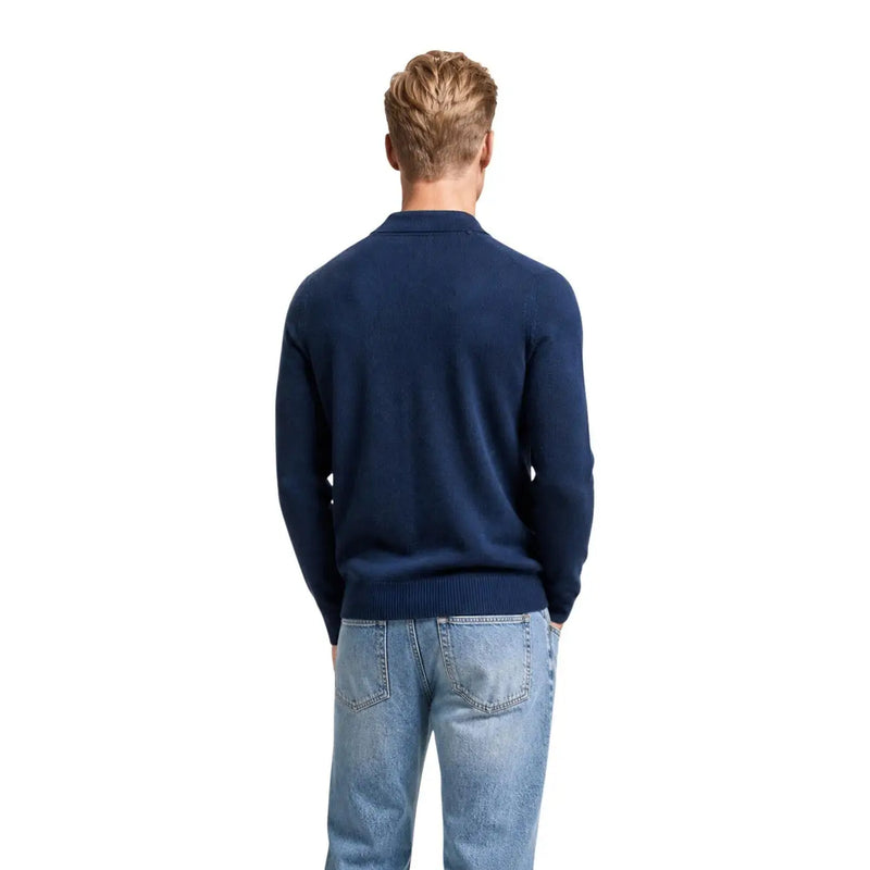 Pull en coton Boss pour homme, bleu marine, maille côtelée aux poignets et à la base, vue de face