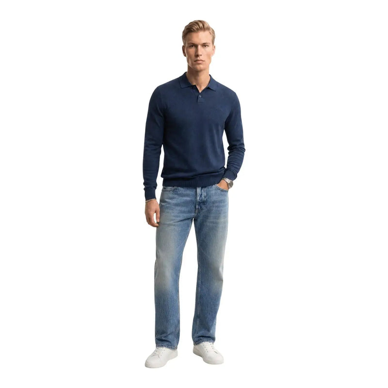 Polo à manches longues en coton Boss pour homme, bleu marine, avec col et patte de boutonnage, vue de face