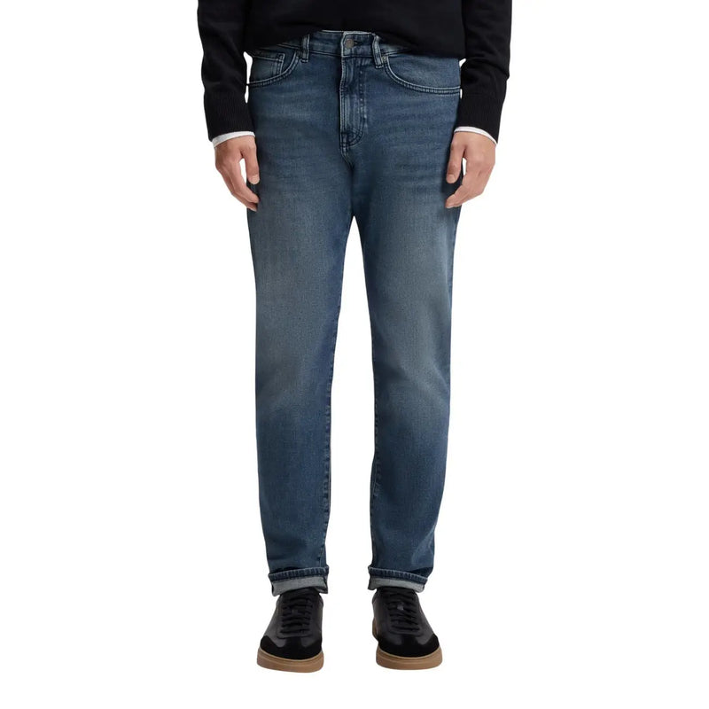Jean Boss pour homme, bleu, coupe droite classique, ourlets roulés (vue de face)