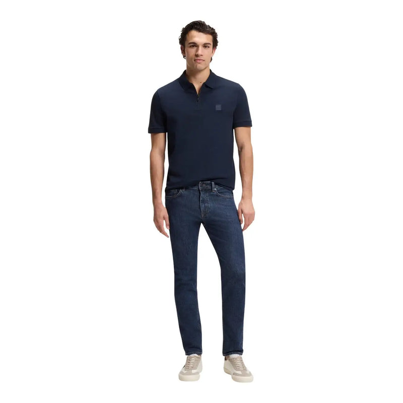 Polo Boss Jeans Delaware pour homme, bleu marine, avec logo carré discret sur la poitrine, vue de face