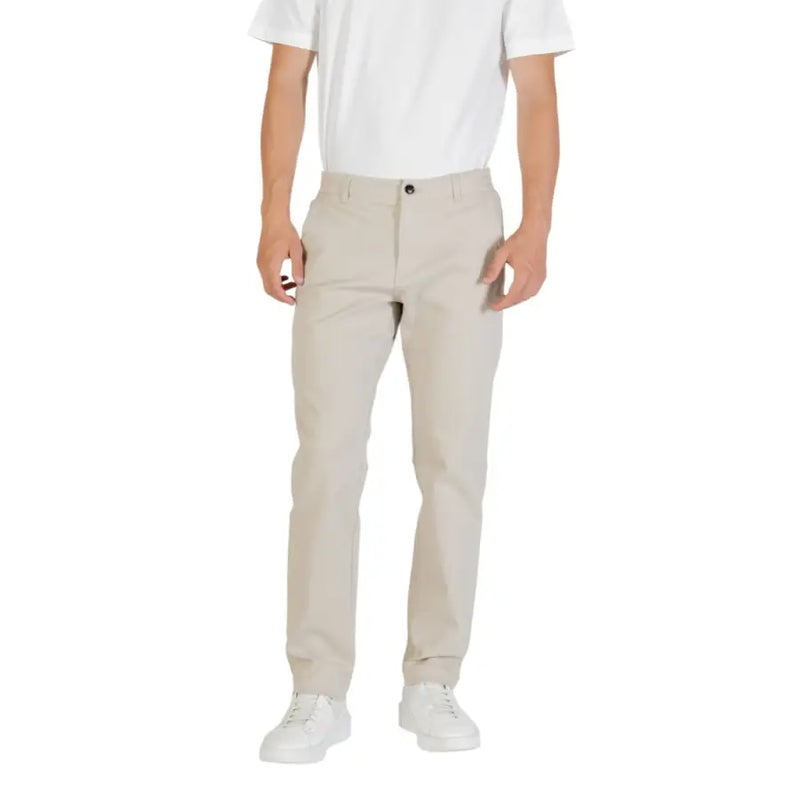 Boss men beige polyester trousers with classic straight-leg cut and subtle creases for fall and winter wear