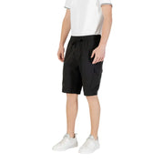 Black cargo shorts with multiple pockets and drawstring waistband, likely made of cotton or polyester blend.