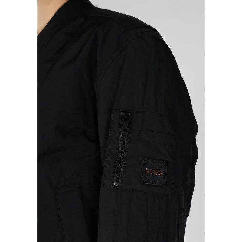 Boss men black zip blazer cotton polyamide jacket featuring a zippered patch pocket and embroidered logo bomber style