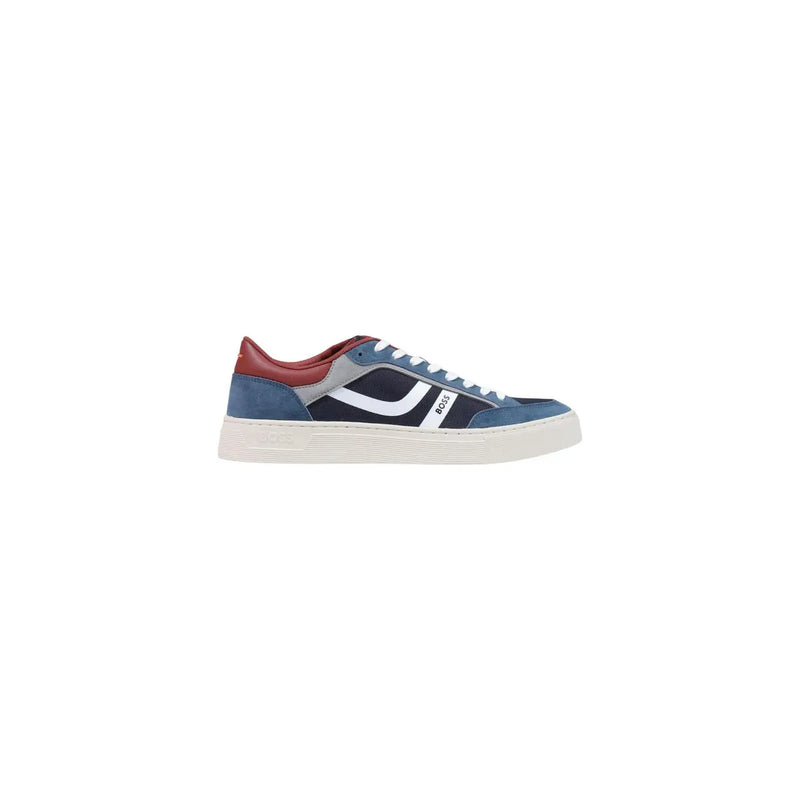 Boss men blue leather sneakers low-top with blue and red suede, white laces, and black panel with boss logo