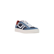 Boss men blue leather sneakers featuring blue and black suede low-top design with white laces and red collar lining