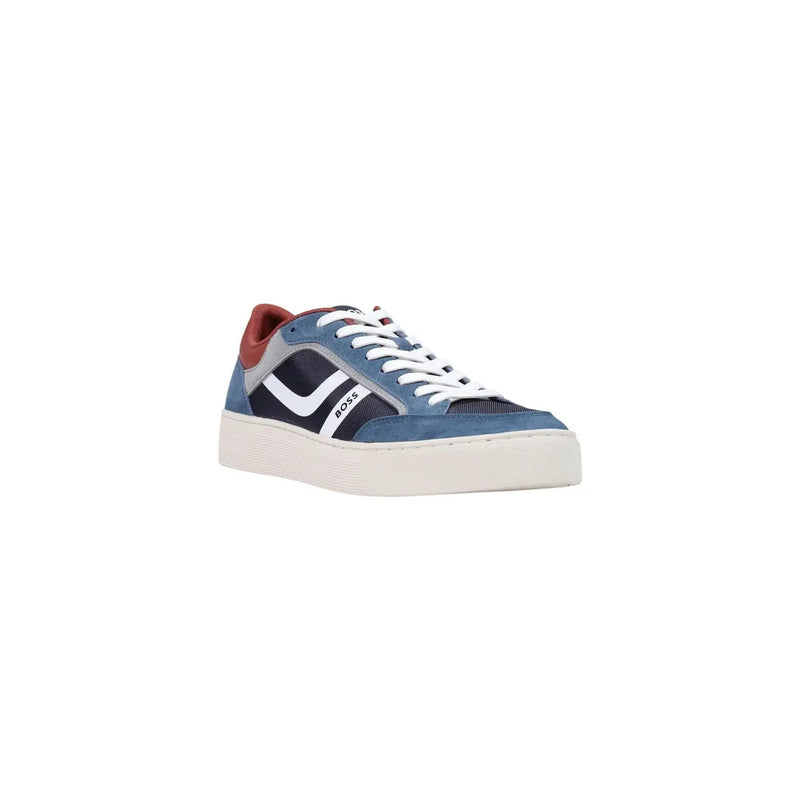 Boss men blue leather sneakers featuring blue and black suede low-top design with white laces and red collar lining