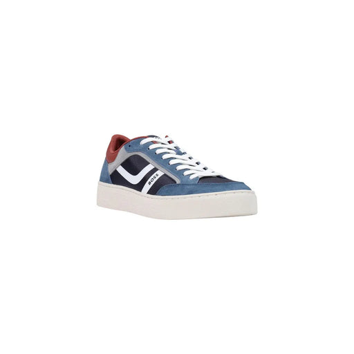 Boss men blue leather sneakers featuring blue and black suede low-top design with white laces and red collar lining