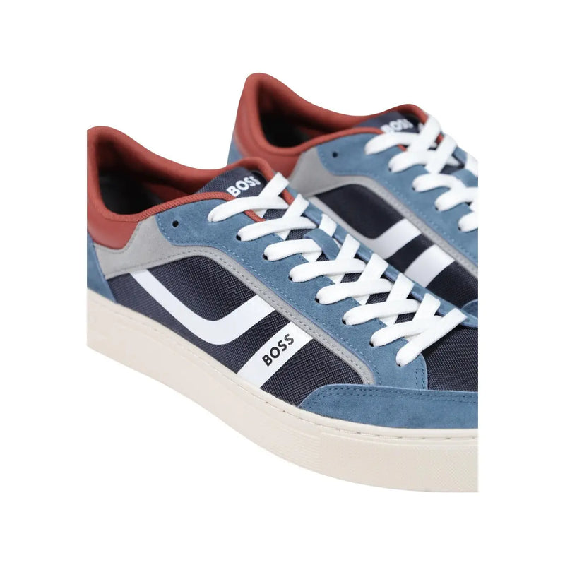 Boss men blue leather sneakers in blue and black suede and mesh with white laces red lining and cream rubber sole