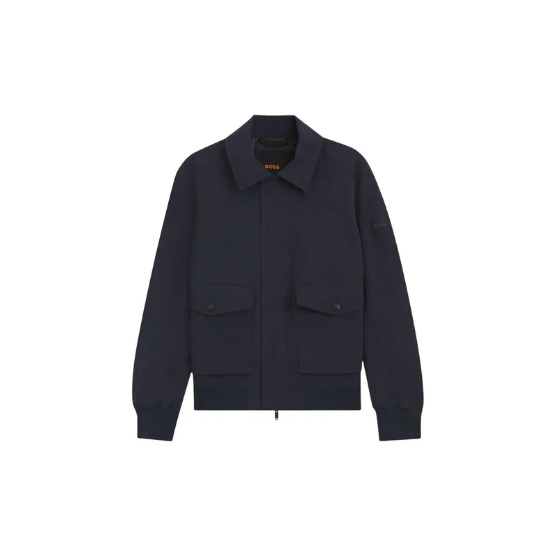 bleu marine foncé hugo Blazer Boss Men en polyester, coupe classique, col classique, fermeture éclair sur le devant et deux poches à rabat.