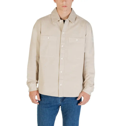 Men’s classic beige long-sleeve round neck shirt with chest pockets and white buttons