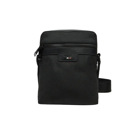 Texture noire Hugo Sac bandoulière Boss en polyester noir avec fermeture éclair et logo discret, dimensions L16 x H20 cm