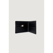 Open black leather bi-fold wallet with card slots and striped tab for Boss Men Wallet