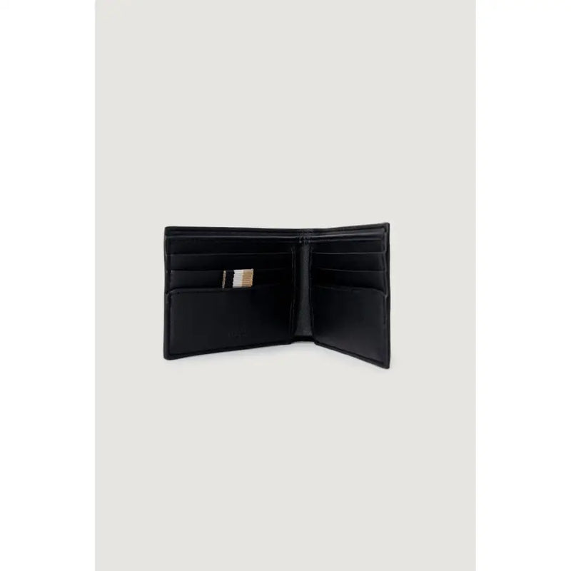 Open black leather bi-fold wallet with card slots and striped tab for Boss Men Wallet