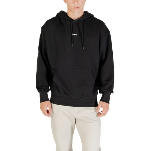 Men’s black hooded sweatshirt with front pouch pocket from Boss Men Green Cotton collection