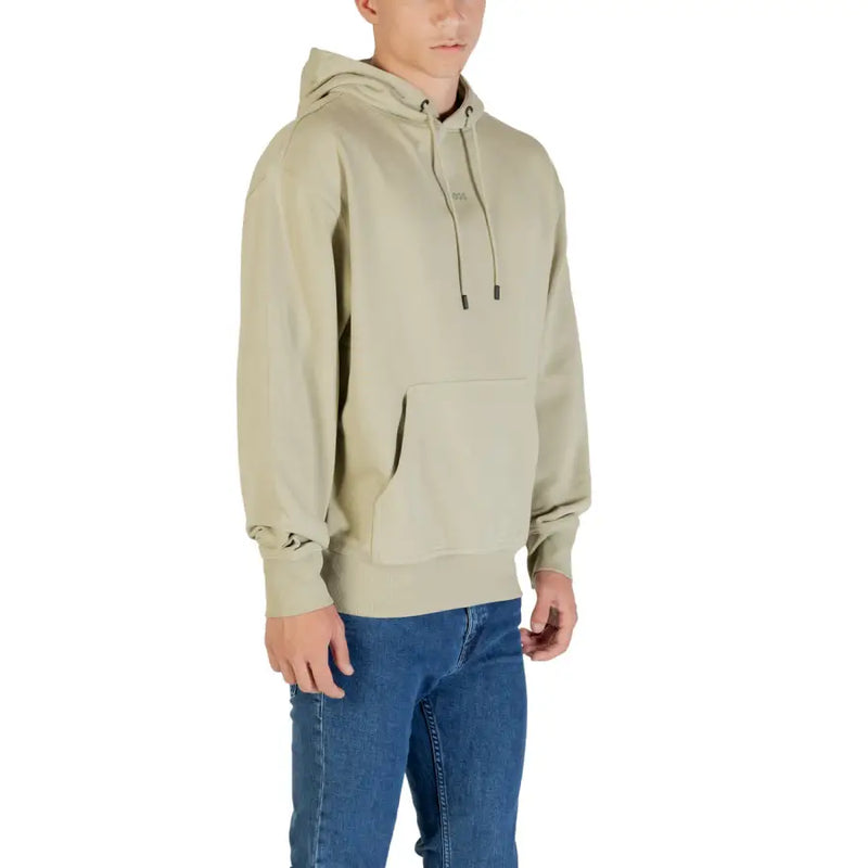Beige cotton hooded sweatshirt with front pocket and drawstrings from boss men collection