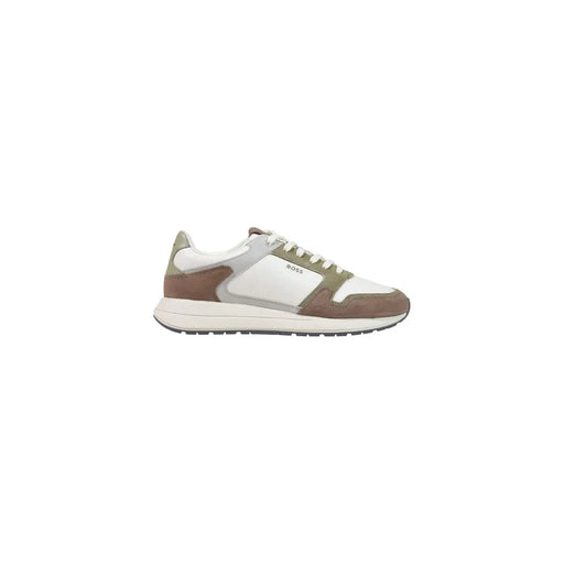 Boss men green sneaker sporty polyester shoes in white olive green and brown suede and leather with classic retro design