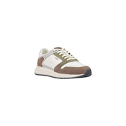 A boss men green sneaker sporty polyester shoe with olive and white suede leather upper and brown heel and toe accents