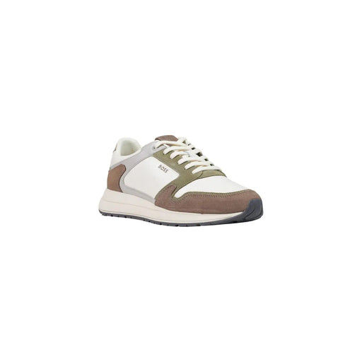 A boss men green sneaker sporty polyester shoe with olive and white suede leather upper and brown heel and toe accents