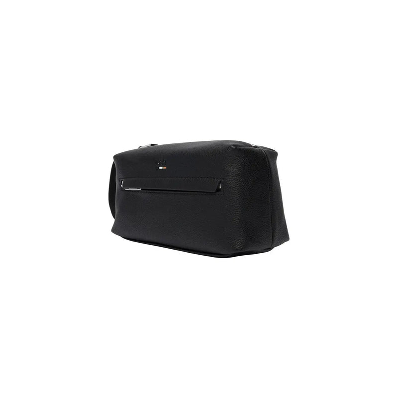 Sac à main Boss pour homme, trousse de toilette en polyuréthane noir avec finitions en cuir texturé et fermeture éclair argentée, dimensions : 23 x 11 x 10 cm