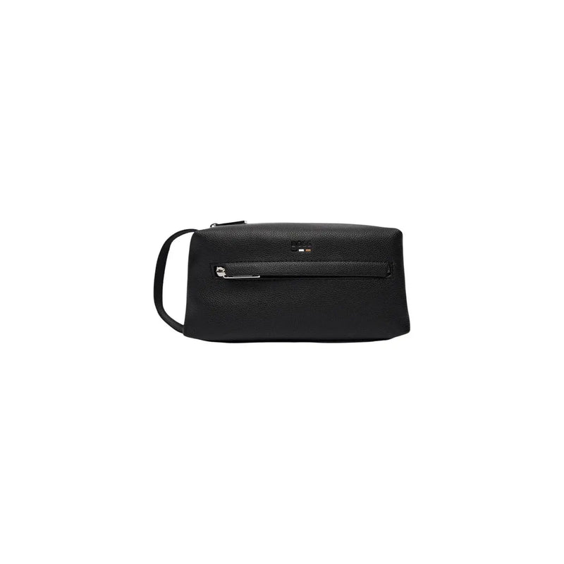 Sac à main homme Boss, trousse de toilette en cuir texturé noir avec fermeture éclair et poignée argentées, dimensions 23 x 11 x 10 cm