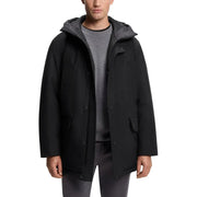 Veste Boss pour homme, parka longue noire à capuche en polyester, finition mate et détails de coutures discrets visibles au dos