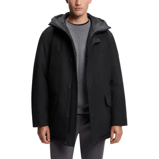 Veste Boss pour homme, parka longue noire à capuche en polyester, finition mate et détails de coutures discrets visibles au dos