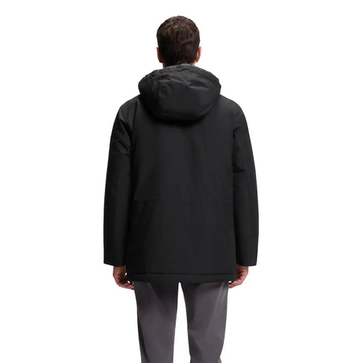 Veste Boss pour homme, noire à capuche, longue en polyester, au design moderne et élégant, avec des détails de couture discrets (vue de face).